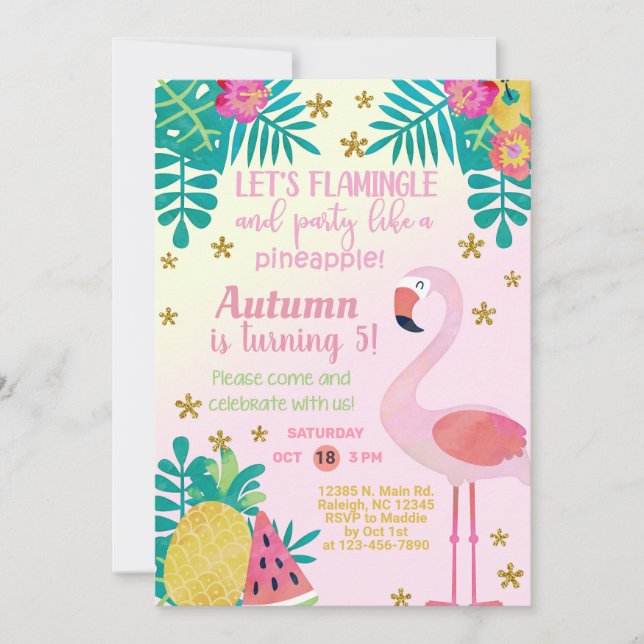 Flamingo let's flamingle pineapple birthday invite (Front)