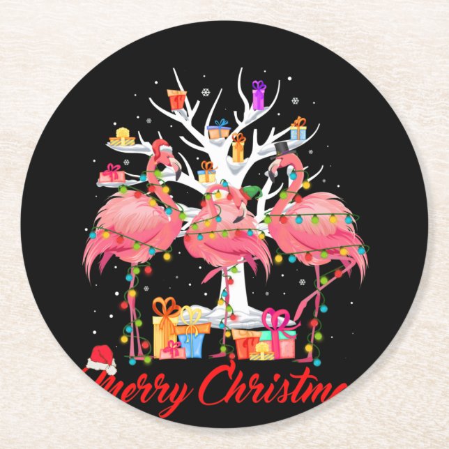 Flamingo Lights Santa Hat Sweater Tree Christmas Round Paper Coaster (Front)