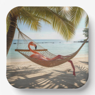 Flamingo Lounging in a Tropical Beach Hammock Paper Plates
