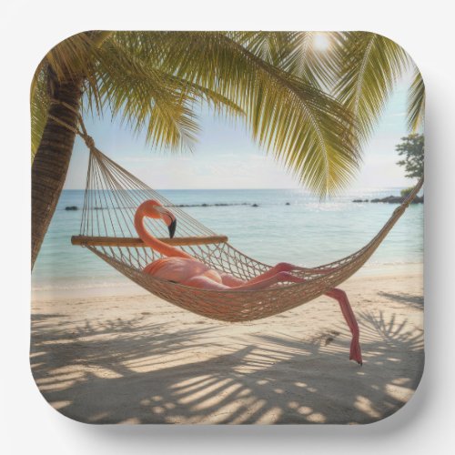 Flamingo Lounging in a Tropical Beach Hammock Paper Plates