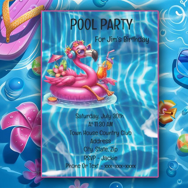 Flamingo Lounging In Pink Pool Tube Invitation (Creator Uploaded)