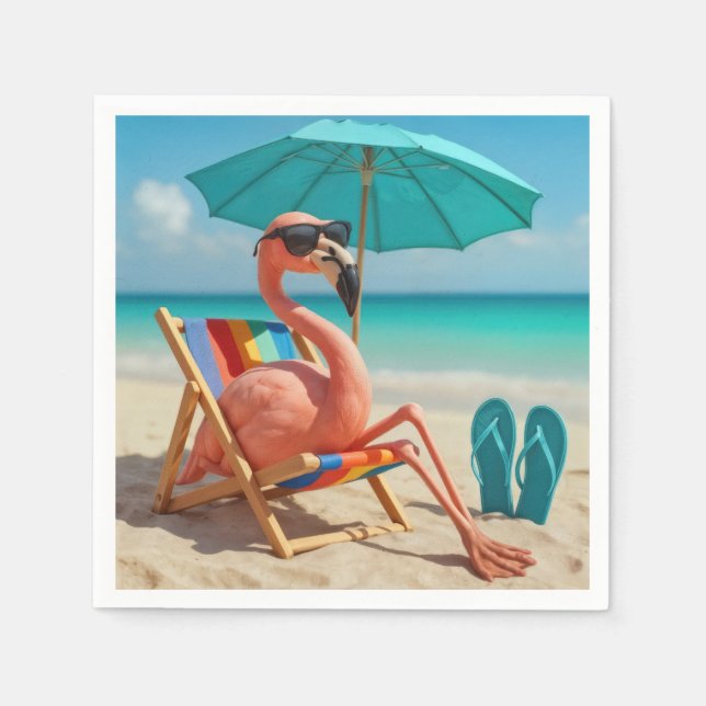 Flamingo Lounging On a Beach Chair  Napkins (Front)