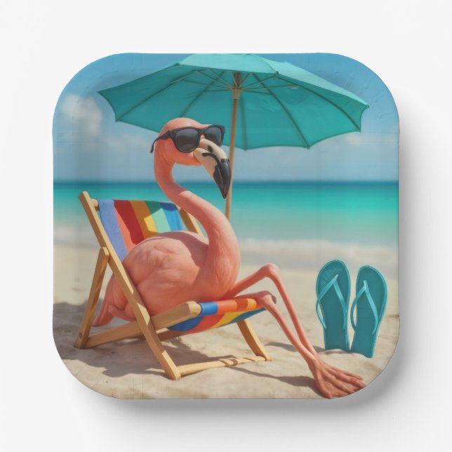 Flamingo Lounging On a Beach Chair  Paper Plates (Front)