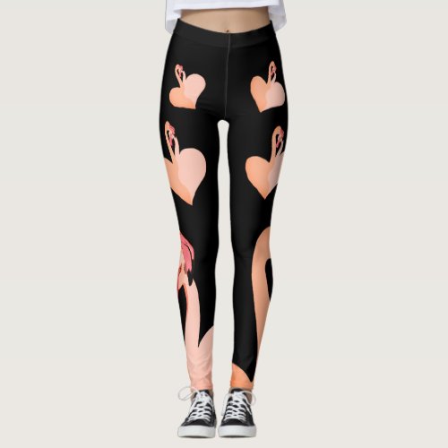 Flamingo Love Black Custom Leggings Heart Leggings