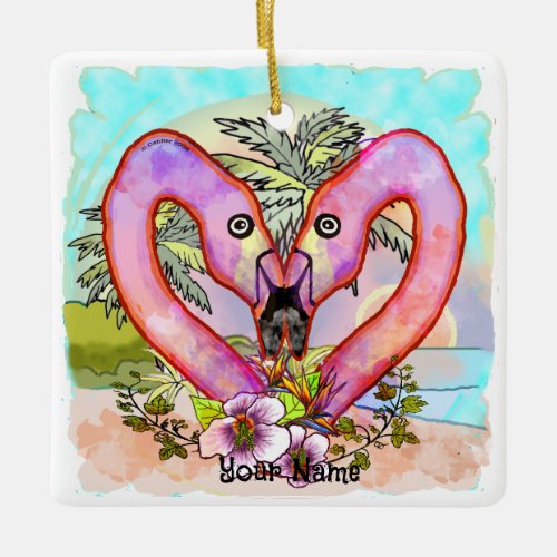 Flamingo Love custom name Ceramic Ornament