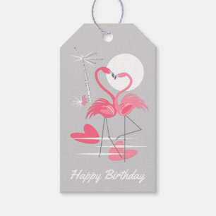 Flamingo Love Happy Birthday grey back gift tags
