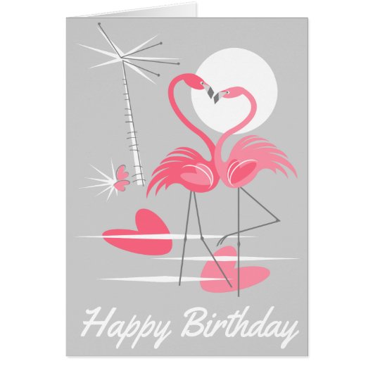 Flamingo Love Happy Birthday inside text grey Cards (Front)
