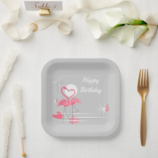 Flamingo Love Happy Birthday square  Paper Plates (Wedding)