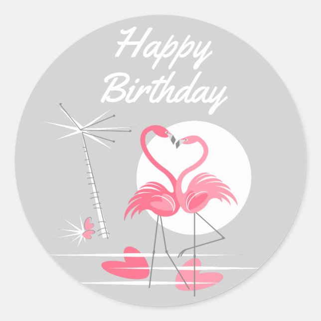 Flamingo Love Happy Birthday sticker round (Front)
