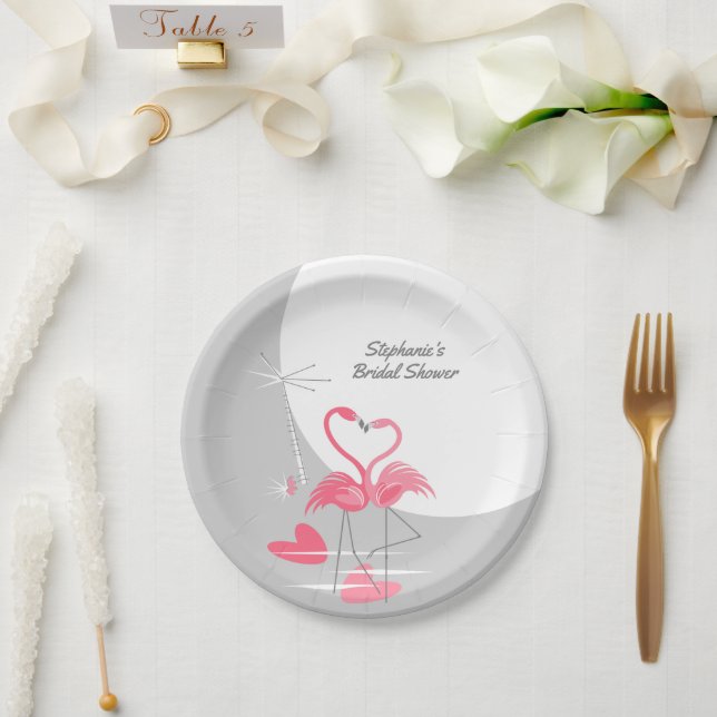 Flamingo Love Large Moon Bridal Shower paper Plates (Wedding)