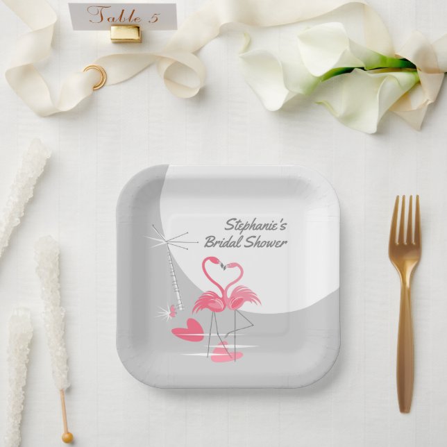 Flamingo Love Large Moon Bridal Shower square  Paper Plates (Wedding)