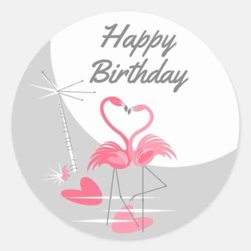 Flamingo Love Large Moon Happy Birthday round Classic Round Sticker