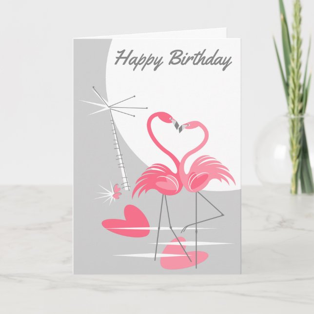 Flamingo Love Large Moon Happy Birthday text Card (Front)