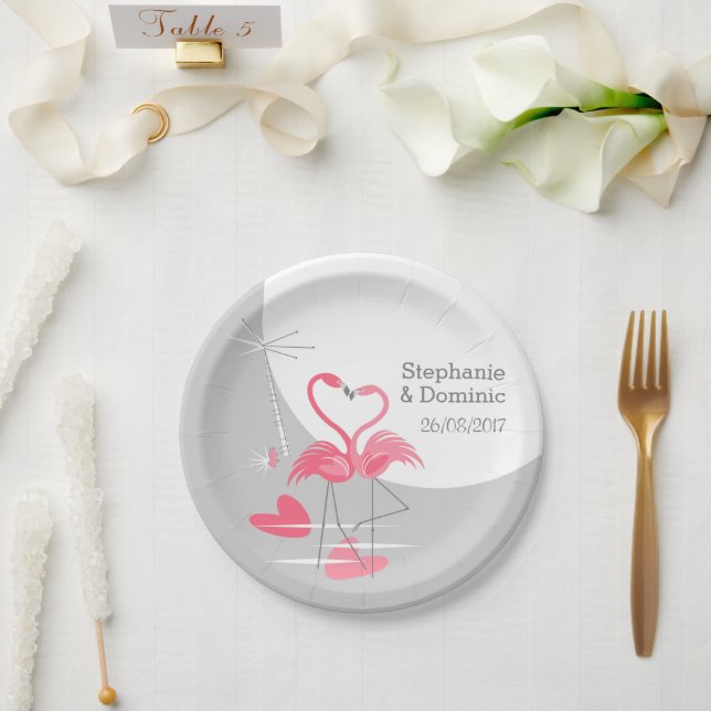 Flamingo Love Large Moon Names Date paper plates (Wedding)