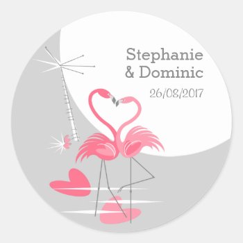 Flamingo Love Large Moon Names Date Round Classic Round Sticker by QuirkyChic at Zazzle