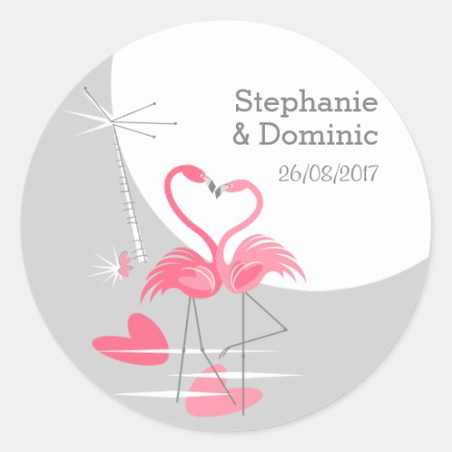 Flamingo Love large Moon Names Date round Classic Round Sticker