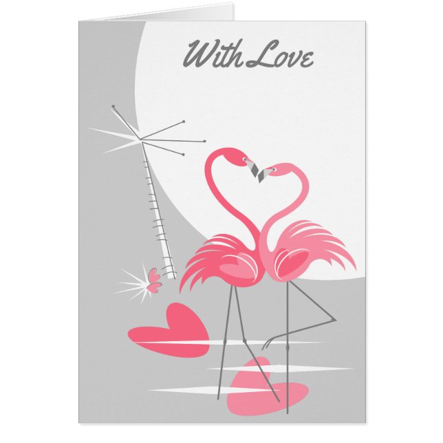 Flamingo Love Large Moon With Love text Cards (Front)