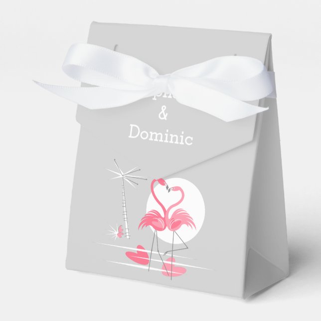Flamingo Love Names and Date favor box tent (Front Side)