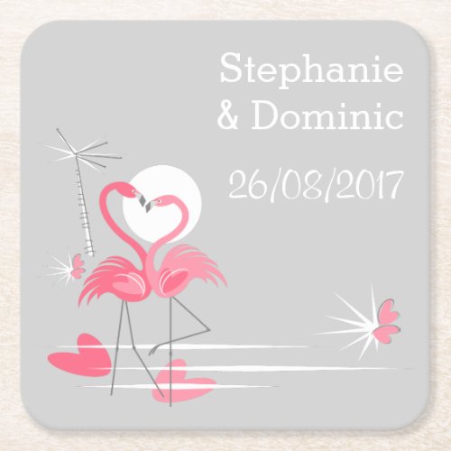 Flamingo Love Names Date coaster square