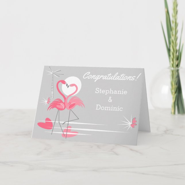 Flamingo Love Side Congratulations Names landscape Card (Front)