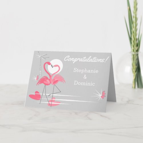 Flamingo Love Side Congratulations Names text gray Card