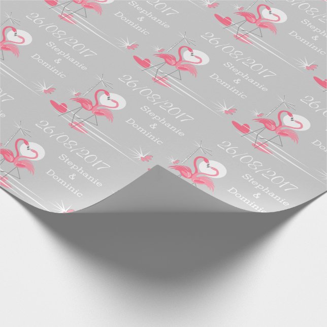 Flamingo Love Side Date Names wrapping paper (Corner)