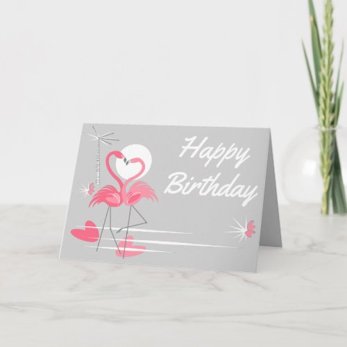 Flamingo Love Side Happy Birthday text inside grey Card