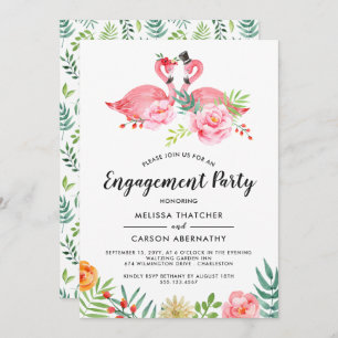 Flamingo Love Watercolor Floral Engagement Party Invitation