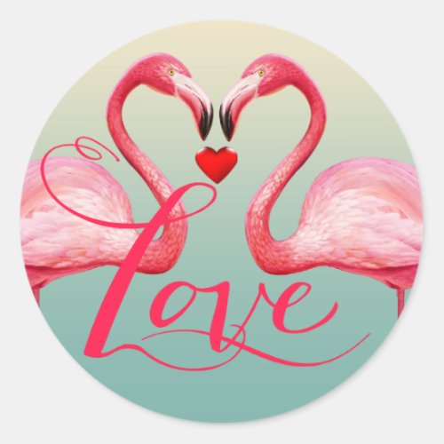 Flamingo Love Wedding Favor  mint blue Classic Round Sticker