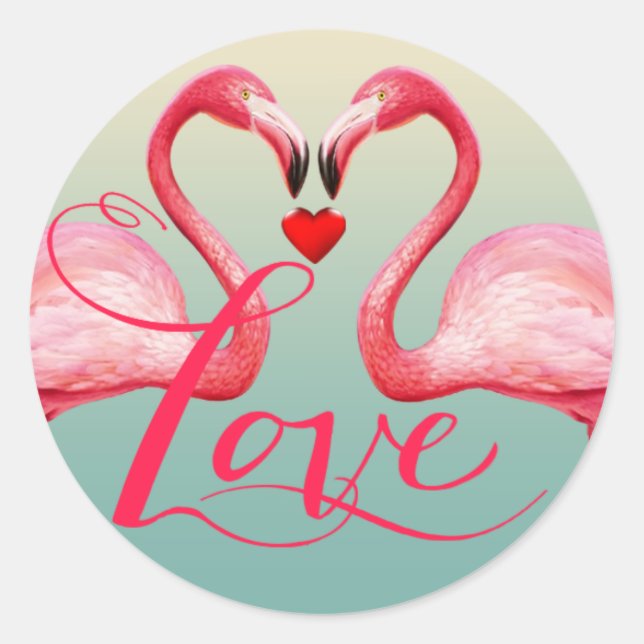 Flamingo Love Wedding Favor | mint blue Classic Round Sticker (Front)