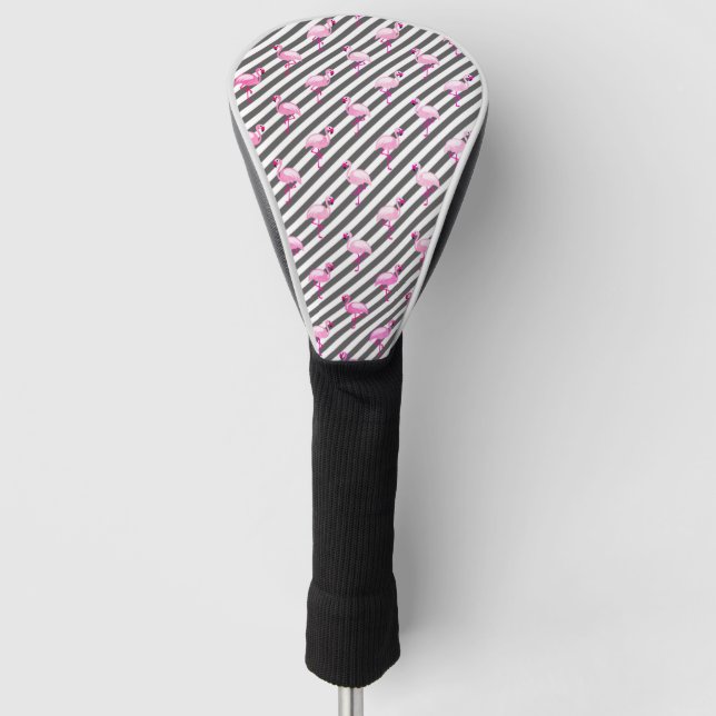Flamingo Lover Pink Bird Diagonal Stripes Golf Head Cover (Front)