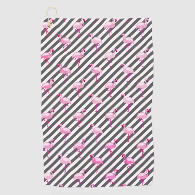 Flamingo Lover Pink Bird Diagonal Stripes Golf Towel (Front)