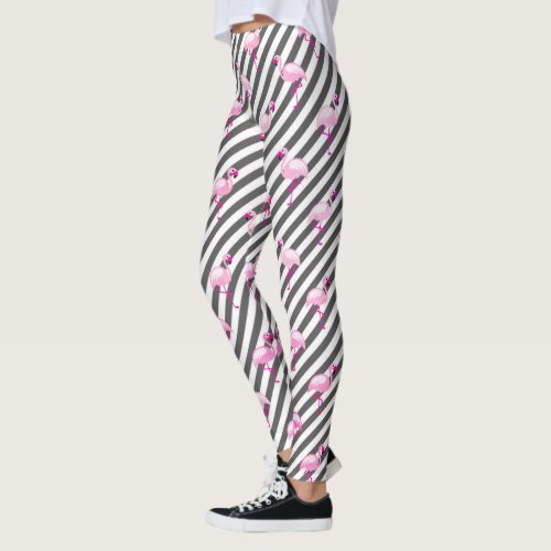 Flamingo Lover Pink Bird Diagonal Stripes Leggings