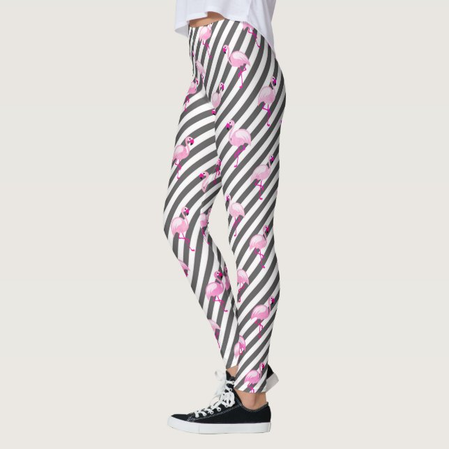 Flamingo Lover Pink Bird Diagonal Stripes Leggings (Left)
