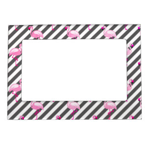 Flamingo Lover Pink Bird Diagonal Stripes Magnetic Frame