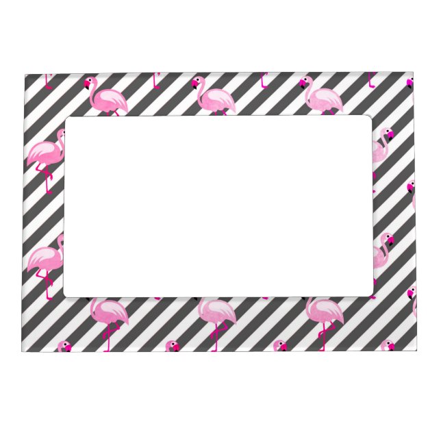 Flamingo Lover Pink Bird Diagonal Stripes Magnetic Frame (Front)