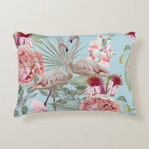 Flamingo lover trendy floral pattern blue  accent pillow