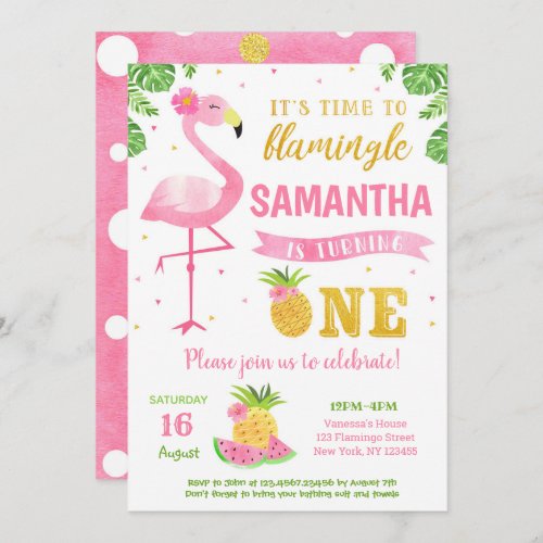 Flamingo Luau First 1st Birthday Party Invitations