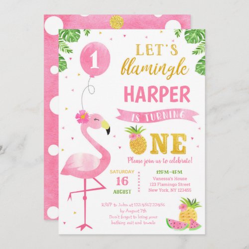 Flamingo Luau First 1st Birthday Party Invitations