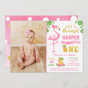Flamingo Luau First 1st Birthday Party Invitations