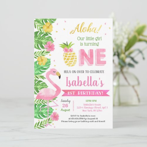 Flamingo Luau Tropical 1st Birthday Invitations