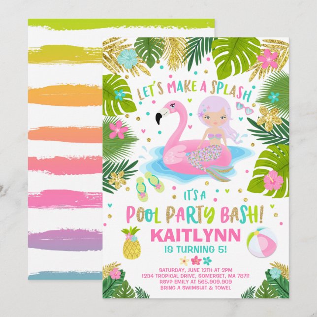 Flamingo & Mermaid Pool Party Invitation Tropical (Front/Back)