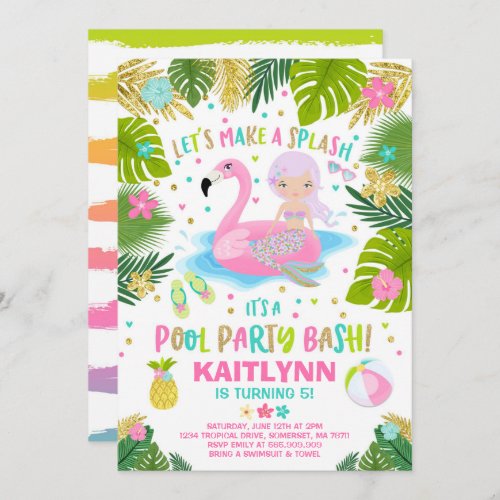 Flamingo  Mermaid Pool Party Invitation Tropical