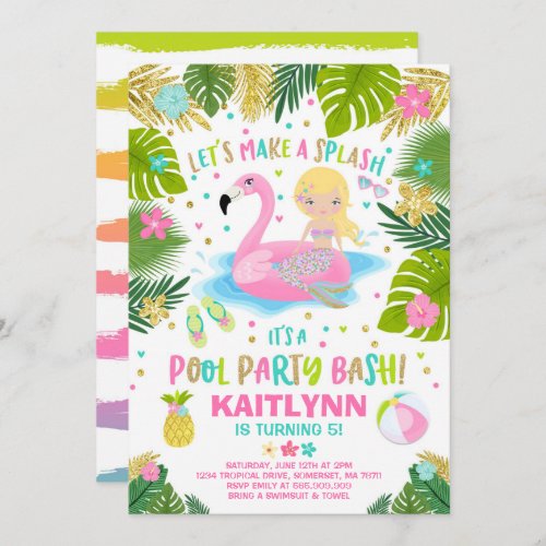 Flamingo  Mermaid Pool Party Invitation Tropical