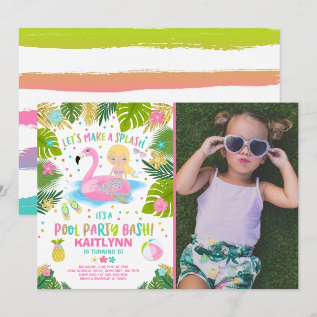 Flamingo & Mermaid Pool Party Invitation Tropical (Front/Back)