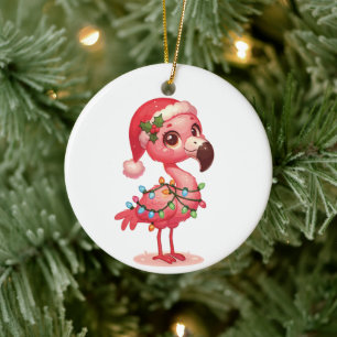 Flamingo Merry Christmas Winter Animals Flamingos Ceramic Ornament