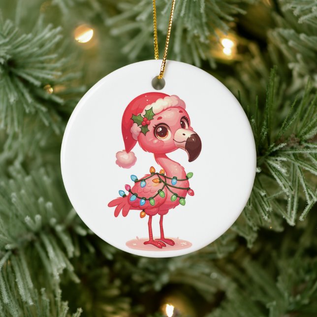 Flamingo Merry Christmas Winter Animals Flamingos Ceramic Ornament (Tree)