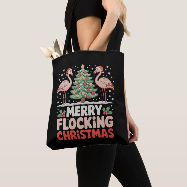 Flamingo Merry Flocking Christmas Funny Xmas Tote Bag (Close Up)