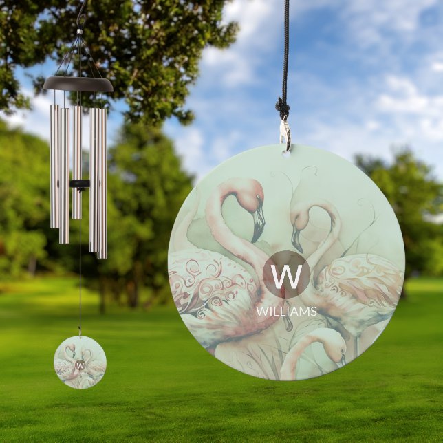 Flamingo Monogram Add Photo to Back Wind Chime (Outdoor)