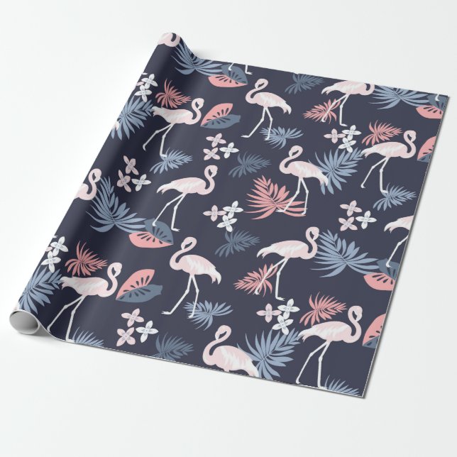 Flamingo, monstera  Navy blush pink dusty blue  Wrapping Paper (Unrolled)